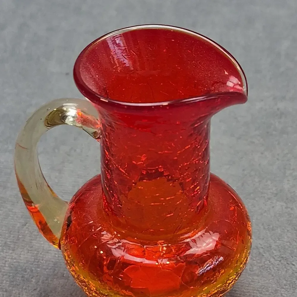 Vintage Miniature Hand-Crafted Amberina Crackle Glass Pitcher Creamer 3.75